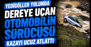 YEDİGÖLLER YOLUNDA DEREYE UÇAN OTOMOBİLİN SÜRÜCÜSÜ KAZAYI UCUZ ATLATTI